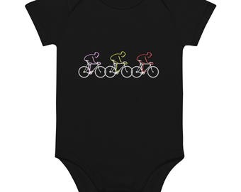 Le Grand Tours Cyclist gift for baby, Organic cotton baby bodysuit, Tour de France baby, black babygro with bicycle