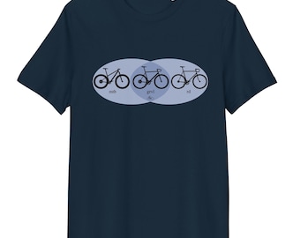 Blue Gravel Bike T-Shirt | Road & Mountain Venn Diagram Cycling Design | Organic Cotton Eco-Friendly Cyclist Gift