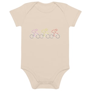 Bicycle Organic cotton baby bodysuit in neutral, Grand tours cycling lovers babygro, beige unisex vegan friendly onesie