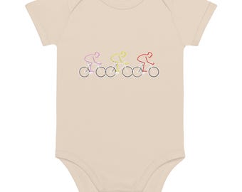 Bicycle Organic cotton baby bodysuit in neutral, Grand tours cycling lovers babygro, beige unisex vegan friendly onesie