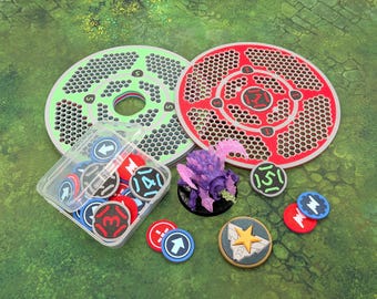 Token Set and Mission Area Templates with 36 Markers for Activation, Buffs, and First Player compatible with StarCraft Miniature Game (TMG)