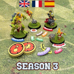 シーズン 3 のステータス マーカー、ブリッツ、パス、ハンドオフ、ボールなどが含まれる Blood Bowl トークン セット (英語、フランス語、スペイン語)