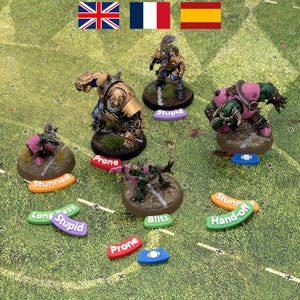 Blood Bowl Marker mit Status Tokens, Blitz, Pass, Hand-Off, Ball und mehr in Englisch, Französisch und Spanisch