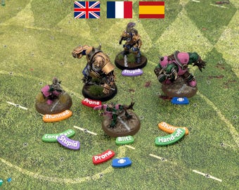 Blood Bowl Markers with Status Tokens, Blitz, Pass, Hand-Off, Ball, and more in English, French, and Spanish