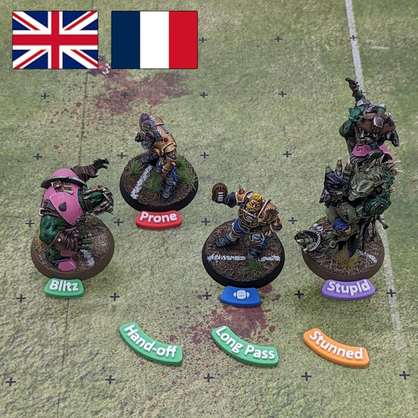 Blood Bowl Markers with Status Tokens, Blitz, Long Pass, Hand-Off, Ball, and more in English or French