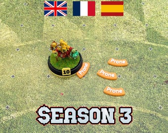 Prone Token for Fantasy Football and compatible with Tabletop Games like Blood Bowl Season 3 in English, French, and Spanish