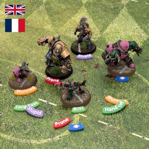 Blood Bowl Markers with Status Tokens, Blitz, Pass, Hand-Off, Ball, and more in English or French