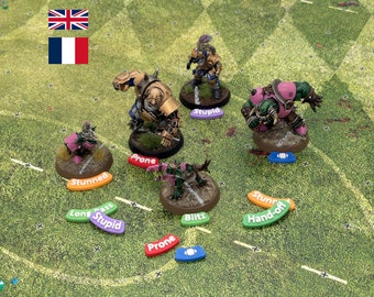 Blood Bowl Markers with Status Tokens, Blitz, Pass, Hand-Off, Ball, and more in English or French