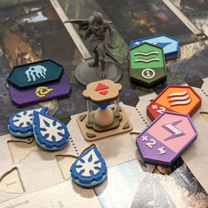 Brädspels Deluxe-marker med miljöer, timglasspårare, källmarker, dödsdimma och förbannelser kompatibla med Divinity: Original Sin