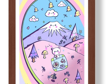 Picnic at Fuji kawaii print 5 x 7, art print kawaii, kawaii room, cute kawaii prints, colorful kawaii, kids prints, room decor,