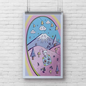 Picnic at Mount Fuji- Kawaii print 11 x 17, Kawaii art print, kawaii aesthetic, kawaii, cute kawaii print, kawaii art den,
