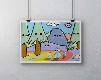 Outdoors kawaii print 11 x 17, Kawaii , kids print. cute kawaii print, kawaii room decor, kawaii poster, kawaii art den, kawaii aesthetic