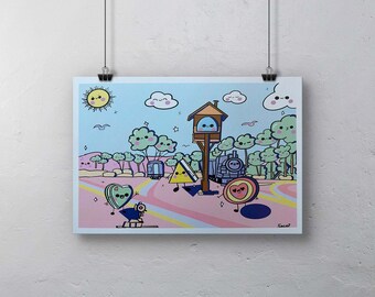 Train Station, Kawaii print 11 x 17, art print, kids print. cute kawaii prints, kawaii room decor, kawaii poster, kawaii aesthetic