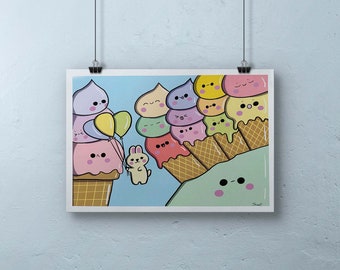Ice Cream Mountain Kawaii print 11 x 17, Kids print, Kawaii art den, cute kawaii prints, kawaii room decor, kawaii poster, kawaii aesthetic