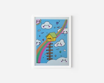 Tree house kawaii print 5 x 7, art print kawaii, cute kawaii print, colorful kawaii, kawaii room, kawaii art print, room decor, kids print