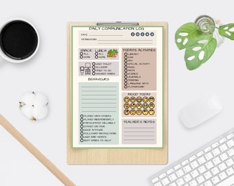 May include: A wooden clipboard with a printed daily communication log. The log includes sections for date, transitions, snack, lunch, behaviors, today's activities, mood, and teacher's notes. A cup of coffee, a cotton ball, a mouse, and a keyboard are also visible.