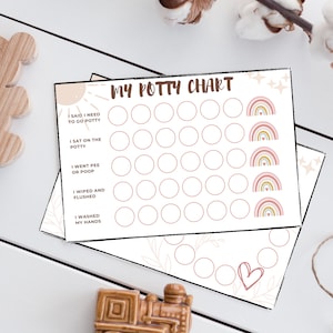 May include: A printable potty training chart with a boho aesthetic. The chart features a white background with brown text and illustrations of a sun, rainbows, and a heart. The chart has five sections with checkboxes for each section: I said I need to go potty, I sat on the potty, I went pee or poop, I wiped and flushed, and I washed my hands.
