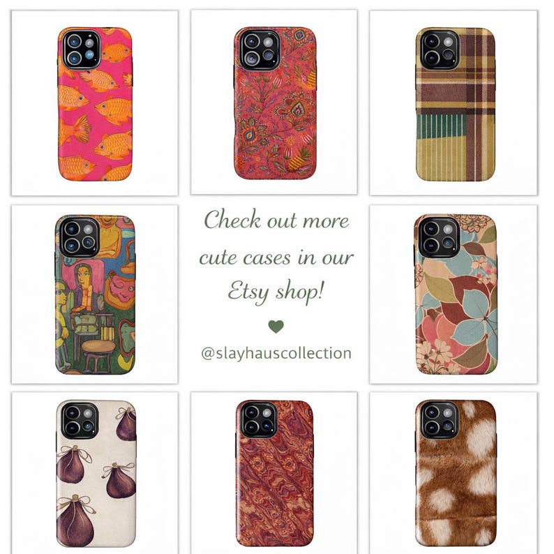 Puede incluir: Colecci&oacute;n de fundas para tel&eacute;fonos con varios dise&ntilde;os. Incluye fundas con peces, motivos florales y abstractos. Una funda presenta un dise&ntilde;o tipo pintura, y otra tiene una textura similar a la piel. Tambi&eacute;n se ve el texto "Check out more cute cases in our Etsy shop!"