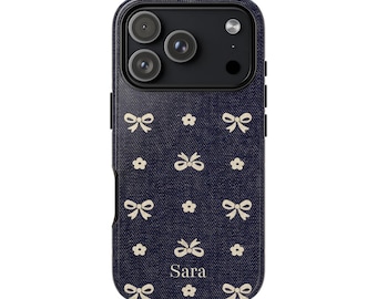 Navy Bow Floral MagSafe Phone Case iPhone 17 Pro, 17 Pro Max, 16 Pro, 16 Pro Max, 15 Pro, Cute Coquette Personalized Name Monogram Case