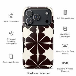 Puede incluir: Funda de tel&eacute;fono con un dise&ntilde;o geom&eacute;trico en negro y crema. Cuenta con un dise&ntilde;o de doble capa, resistencia a impactos y soporte para carga inal&aacute;mbrica. El texto "SlayHaus Collection" est&aacute; en la parte inferior.