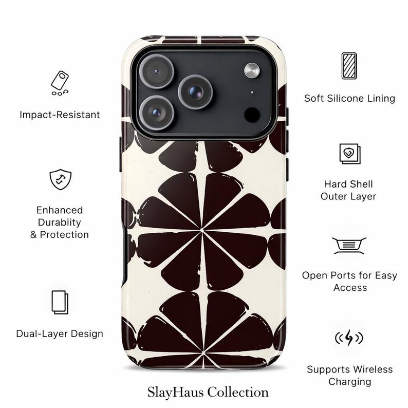 Puede incluir: Funda de tel&eacute;fono con un dise&ntilde;o geom&eacute;trico en negro y crema. Cuenta con un dise&ntilde;o de doble capa, resistencia a impactos y soporte para carga inal&aacute;mbrica. El texto "SlayHaus Collection" est&aacute; en la parte inferior.