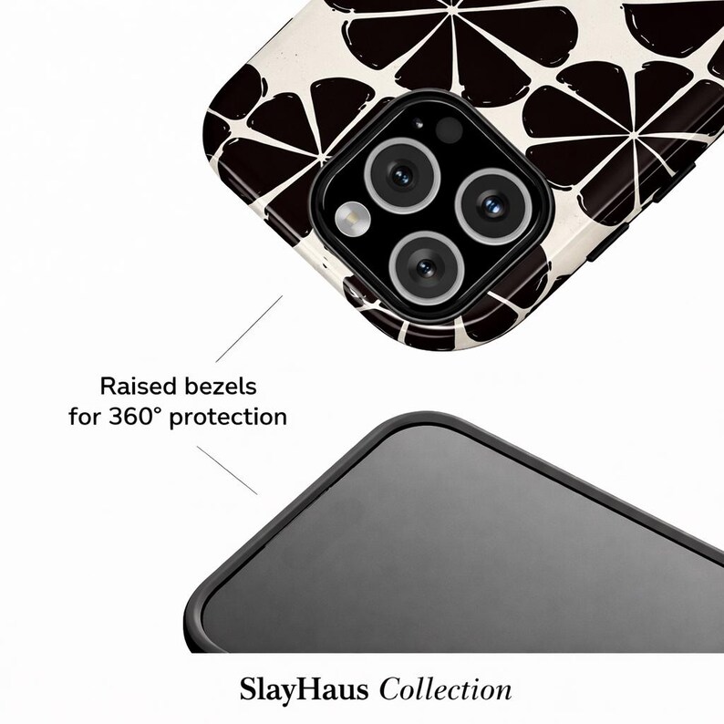 Puede incluir: Primer plano de una funda de tel&eacute;fono con un dise&ntilde;o de fruta c&iacute;trica en blanco y negro. La funda tiene un borde negro y biseles elevados para una protecci&oacute;n de 360&deg;. El texto "SlayHaus Collection" es visible.