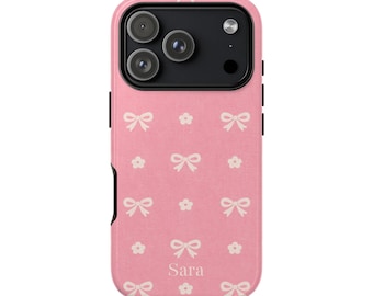 Pink Bow Floral MagSafe Phone Case for iPhone 17 Pro, 17 Pro Max, 16 Pro, 16 Pro Max, 15 Pro, Personalized Coquette Name monogram Case