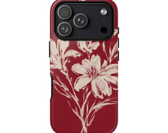 CRIMSON BLOOM Phone Case, Floral Sketch, iPhone 17–11 Pro Max MagSafe, Pixel 9–6, Samsung S25–S22
