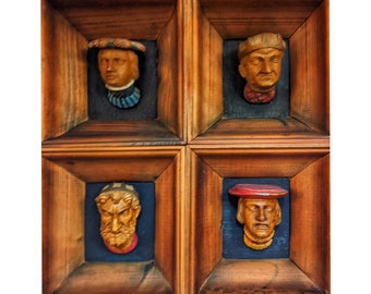 Replica from the coffered ceiling in the Envoy Room from Wawel Castle Krakow, old painted sculpture, set of old hand-painted heads, vintage