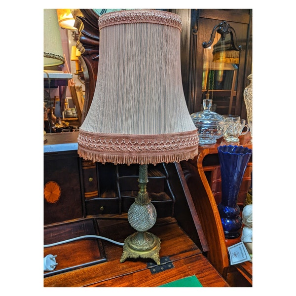 Antique  Victorian Table  Lamp from 1860, Table Lamp With Metal Base and Slightly Orange Shade.