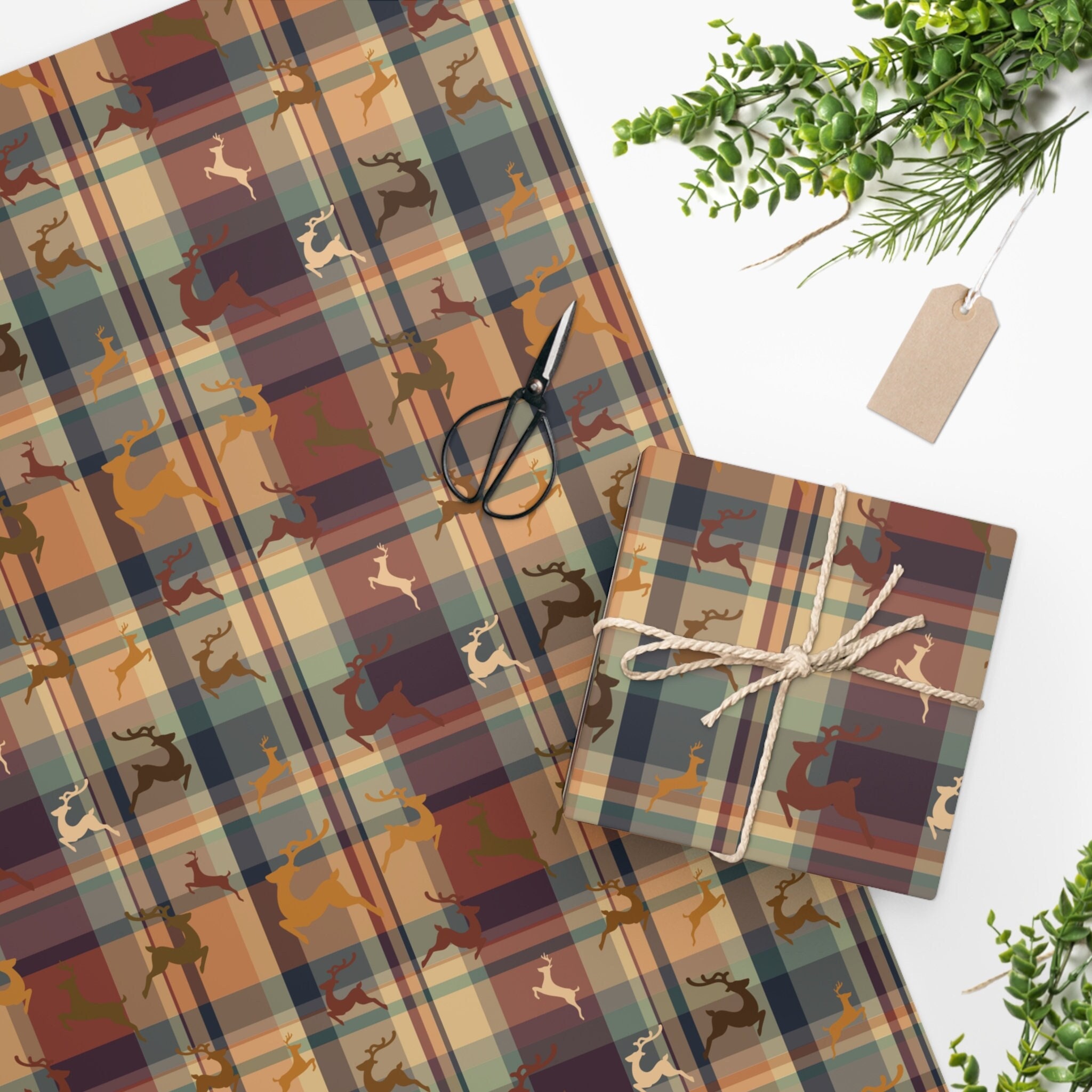 Celebrate Next Set of 4 (2 Rustic Christmas Plaid & 2 Natural Kraft) Holiday/Christmas Deluxe- Gift Wrap Wrapping Paper with Gift Tags