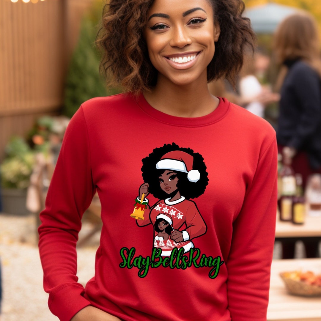Black Girl Christmas Sweatshirt, Santa Hat Afro Woman, Women's ...