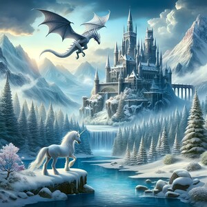 Könnte beinhalten: Ein weißes Einhorn steht in einem schneebedeckten Wald und blickt auf ein großes, dunkles Schloss in der Ferne. Ein weißer Drache fliegt über dem Schloss, mit ausgebreiteten Flügeln. Die Szene spielt in einer Winterwunderwelt mit schneebedeckten Bäumen und Bergen.