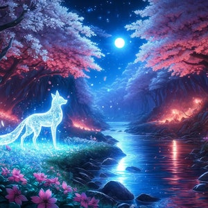 May include: A glowing blue fox stands in a magical forest with pink cherry blossom trees, a river, and a full moon in the night sky.