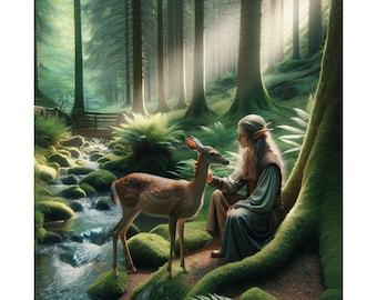 Enchanted Forest Elf Poster - Fantasy Vrouwelijke Elf en Herten Art Print, Mystieke Woodland Animal Wall Decor, Unieke Magische Natuur Illustratie