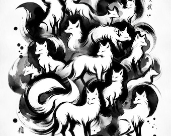 Sumi-e Style Japanese Spirit Foxes Bandana - Black Ink Brush Art, Japanese Painting, Elegant Animal, Anime Manga, Unique Accessory Gift