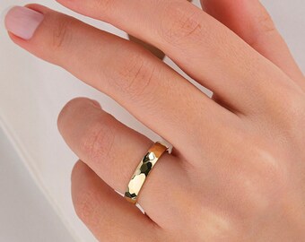 4mm Yellow Gold Hammered Band • Polished Hammered Dome Band • 14K | 18K • Men&#39;s Women&#39;s Wedding Ring Simple • Plain Simple Wedding Band