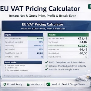 May include: A digital EU VAT Pricing Calculator template, showing input and result fields. The calculator displays net and gross prices, profit, and break-even points. The text includes "EU VAT Ready" and "Works in Excel & Google Sheets."