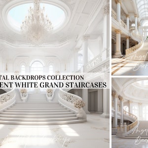 9 Opulent White Grand Staircase Digital Backdrops for Maternity Wedding, Portrait, Digital Overlay, Photo Digital Background, Photo Backdrop