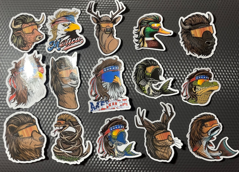 May include: A set of 15 stickers featuring various animals wearing sunglasses and a mohawk hairstyle. The animals include a bull, eagle, deer, duck, bison, llama, alligator, snake, fish, and bear. The stickers have a patriotic theme with American flag colors and the word "Merica" on some of them.