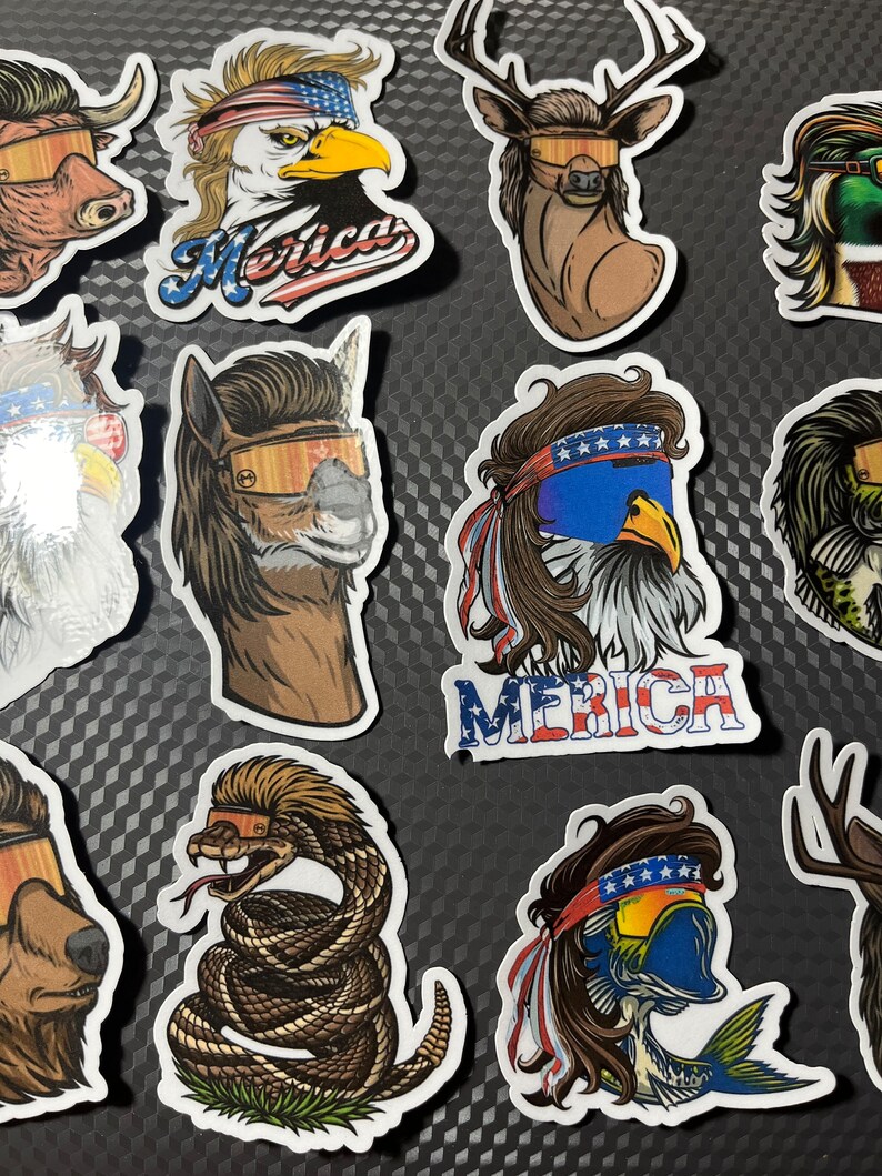 May include: A collection of 10 colorful stickers featuring various animals wearing patriotic bandanas and sunglasses. The animals include an eagle, a deer, a snake, a fish, an alpaca, a bull, and a duck. The stickers have a 'Merica' theme and are perfect for adding a touch of Americana to any surface.