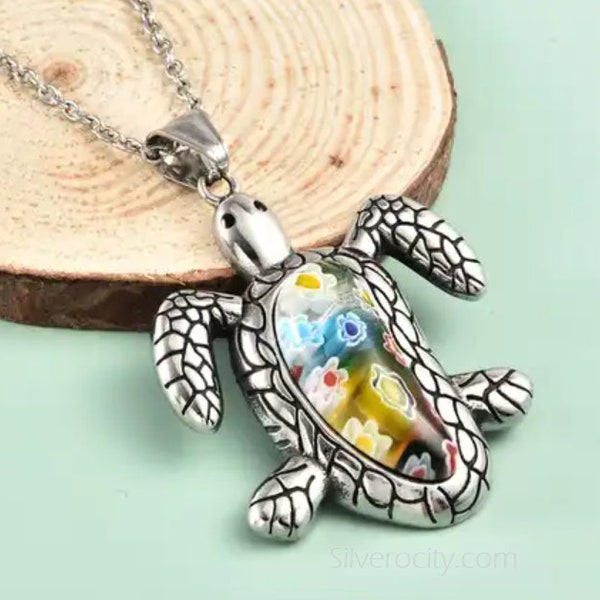 Beautiful Italian Murano Glass & Oxidized Stainless Steel Sea Turtle Ocean Beach Theme Necklace w/20" Chain - Adult Fashion Jewelry