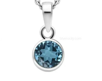 Natural Swiss Blue Topaz December Birthstone 925 Sterling Silver Pendant on 315L Stainless Steel Chain - Necklace is 20" Long