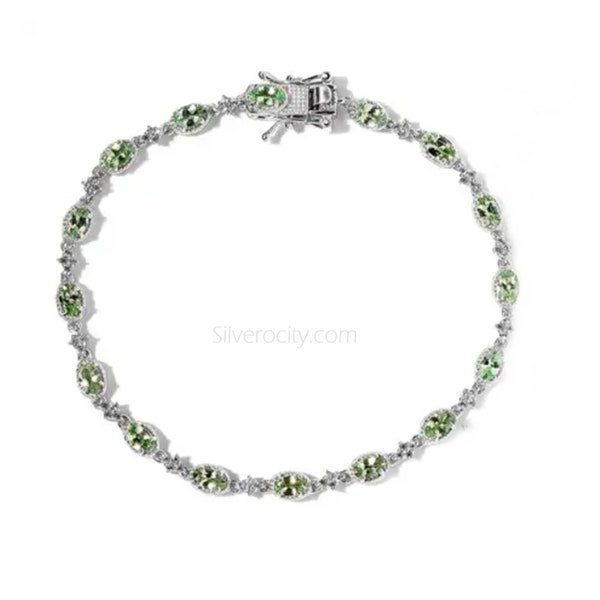 Rare Merelani Mint Green Garnet Gemstone Tennis Bracelet w/Natural White Zircon - 925 Sterling Silver & Platinum, 8", Brand New