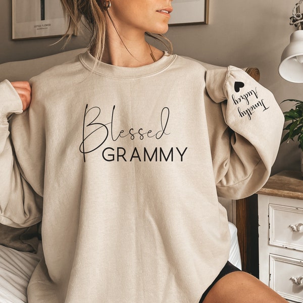 Personalized Blessed Grammy Sweatshirt With Grandchildren Names on Sleeve, Custom Name Sweater, Christmas Gift for Grandmother