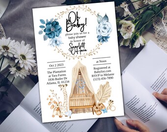 May include: A baby shower invitation with a blue and gold floral wreath, a watercolor illustration of a crib and a giraffe, and the text "Oh Baby!" and "Scarlett Otara". The invitation includes the date, time, location, and RSVP information.