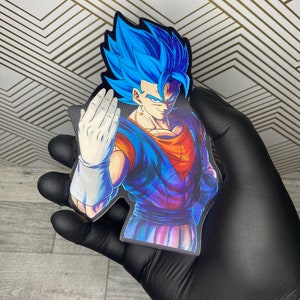 May include: A blue and purple anime character with blue hair and a white glove. The character is in a fighting pose.