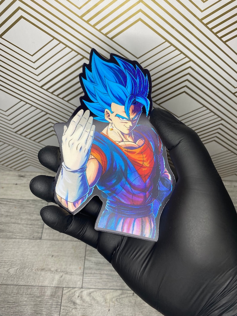 May include: A blue and purple anime character with blue hair and a white glove. The character is in a fighting pose.