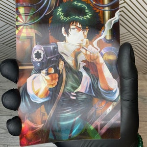 May include: A colourful illustration of a man with spiky green hair holding a gun and smoking a cigarette. The background is a dark, industrial setting with pipes and wires.