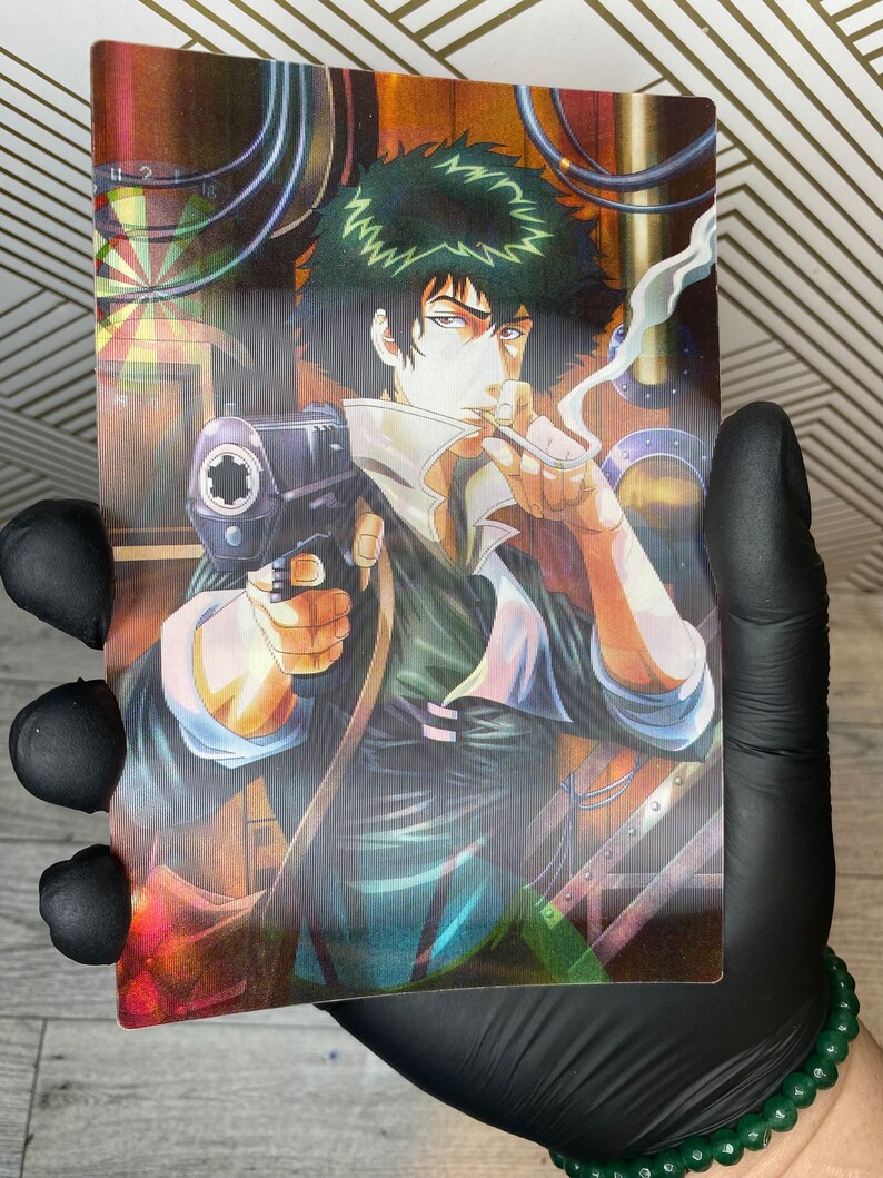 May include: A colourful illustration of a man with spiky green hair holding a gun and smoking a cigarette. The background is a dark, industrial setting with pipes and wires.